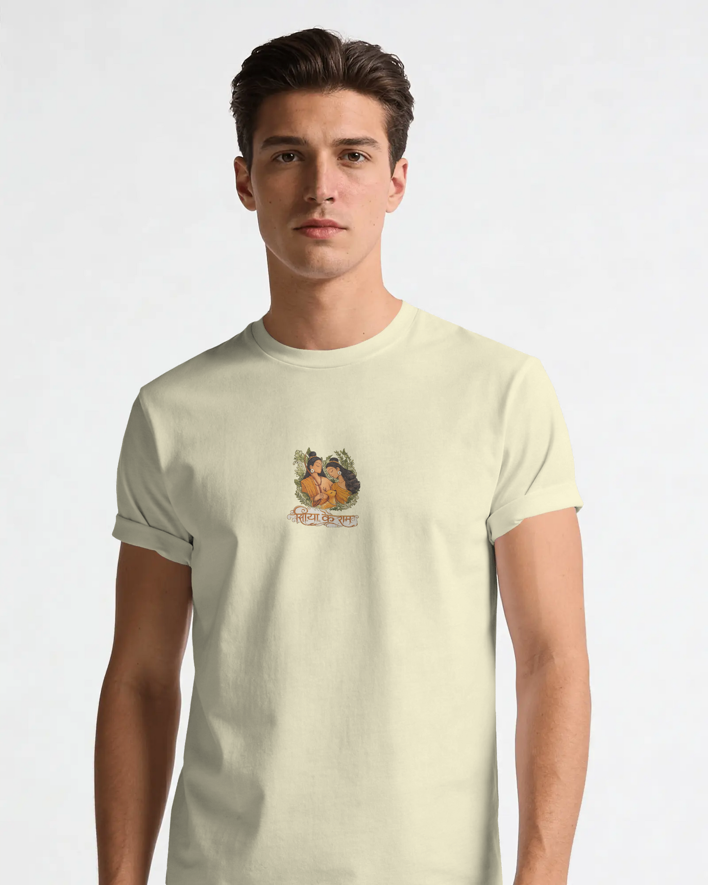 Siya Ke Ram Embroidered Graphic T-Shirt | Lord Ram & Sita Divine Art Tee