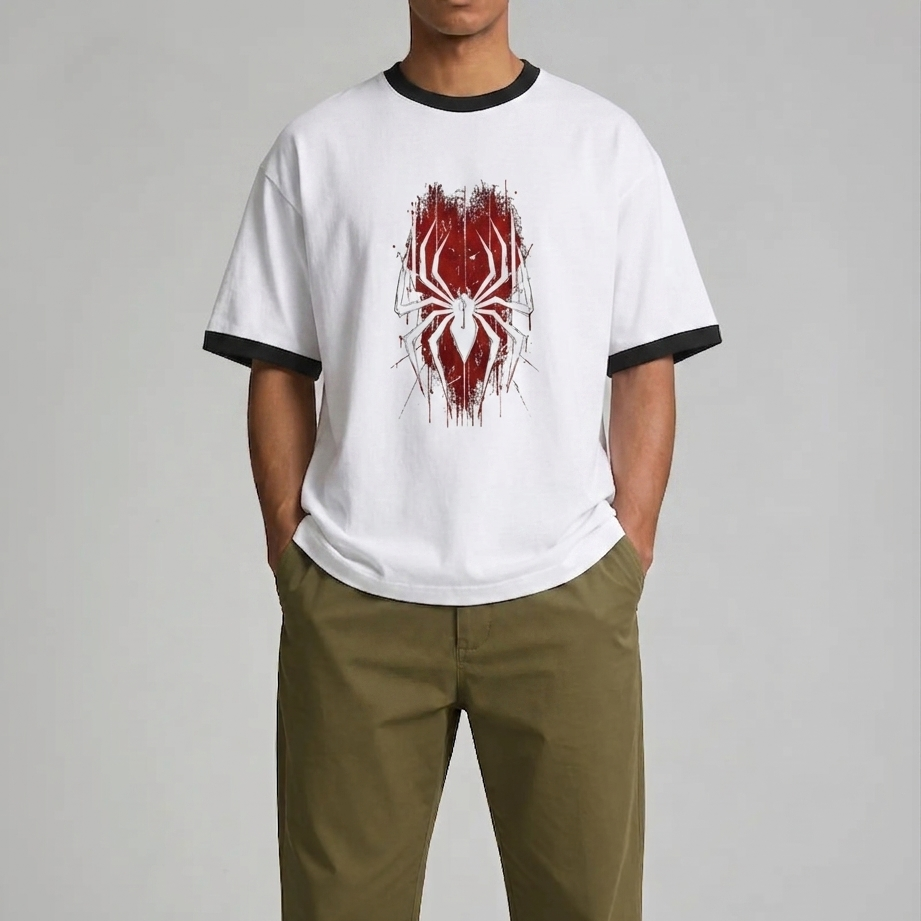 Spider-Man Spider Symbol Graphic T-Shirt | Marvel Superhero Oversized Ringer Tee | Unisex Streetwear Graphic Shirt