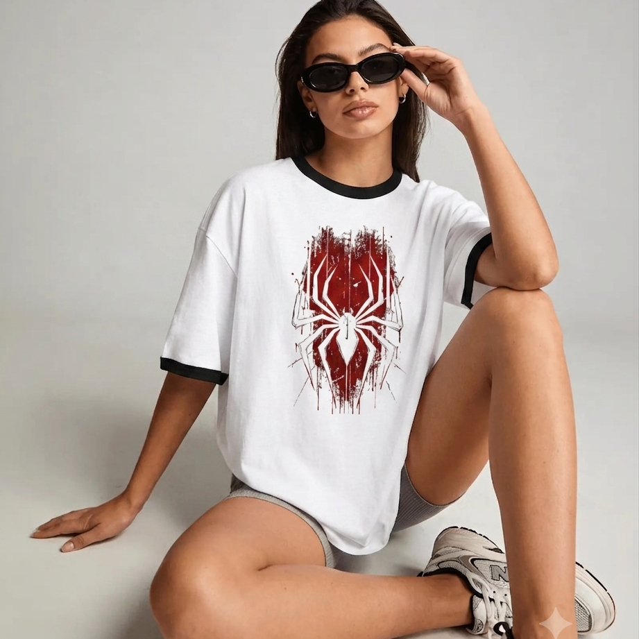 Spider-Man Spider Symbol Graphic T-Shirt | Marvel Superhero Oversized Ringer Tee | Unisex Streetwear Graphic Shirt