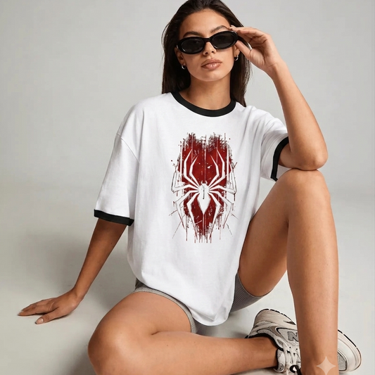 Spider-Man Spider Symbol Graphic T-Shirt | Marvel Superhero Oversized Ringer Tee | Unisex Streetwear Graphic Shirt