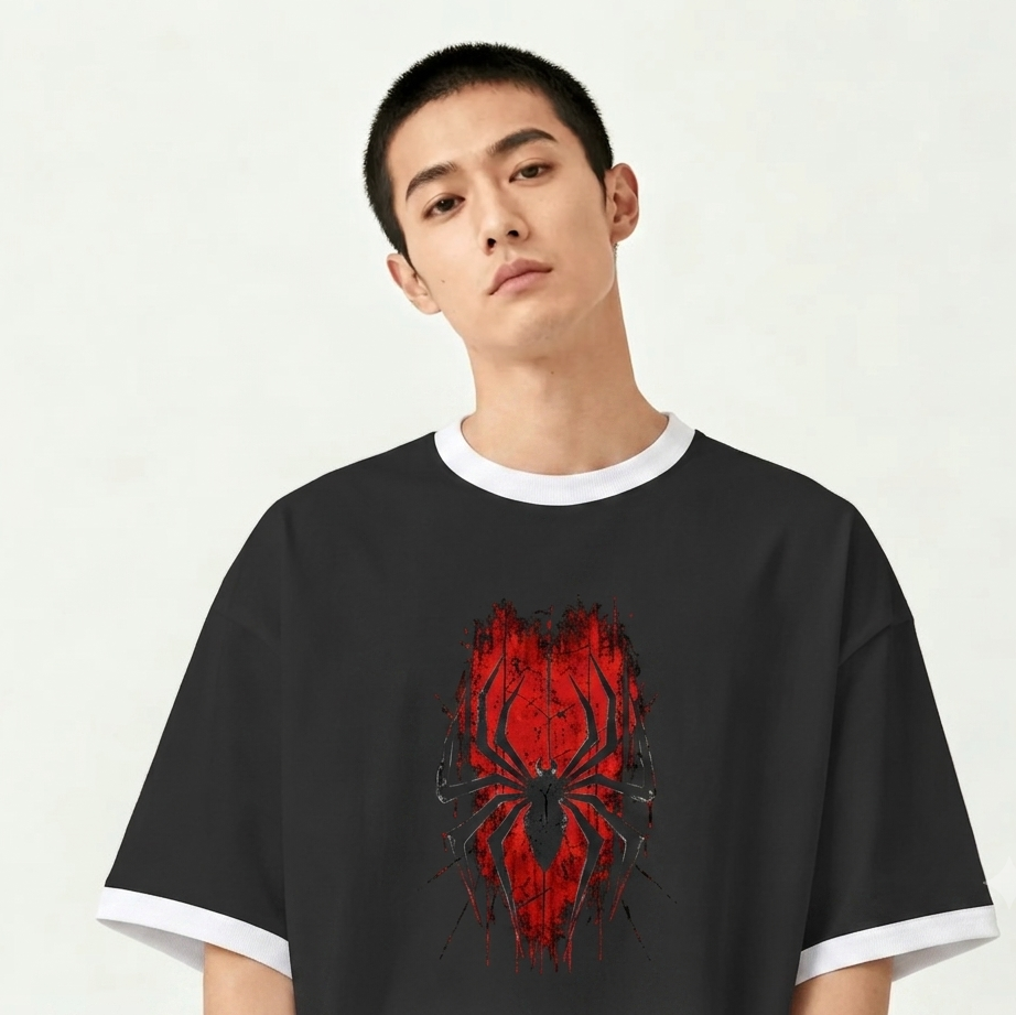 Spider-Man Spider Symbol Graphic T-Shirt | Marvel Superhero Oversized Ringer Tee | Unisex Streetwear Graphic Shirt