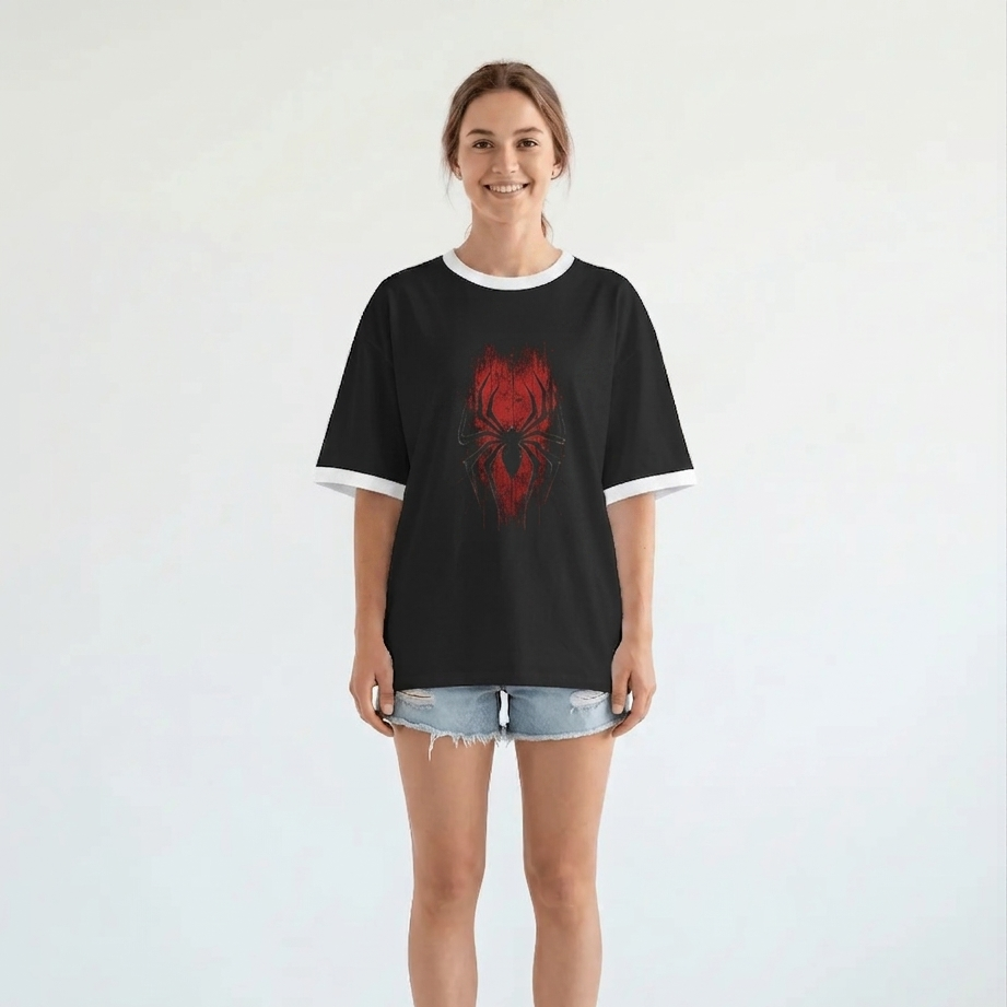 Spider-Man Spider Symbol Graphic T-Shirt | Marvel Superhero Oversized Ringer Tee | Unisex Streetwear Graphic Shirt