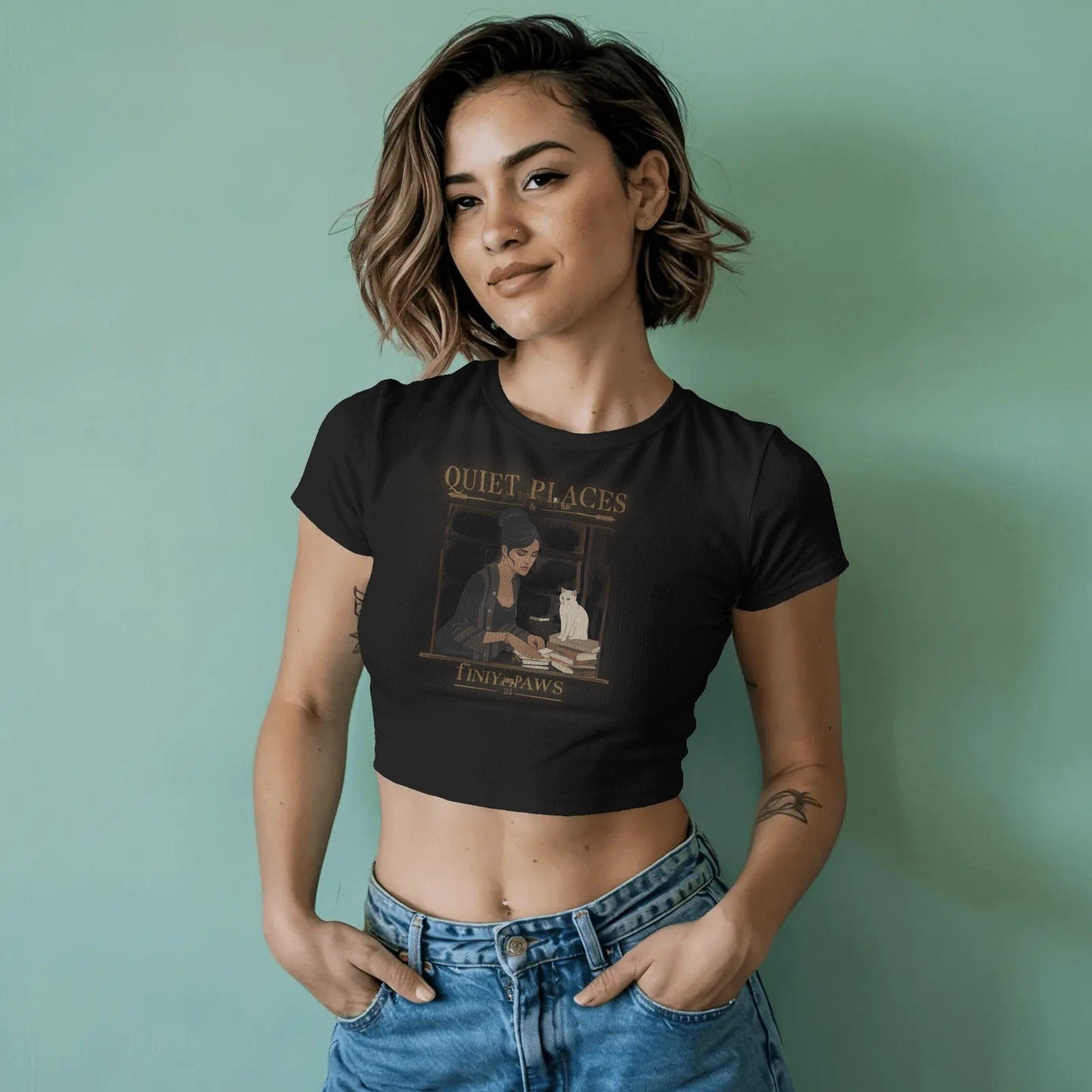 DRIPRA™ |Quiet Places & Tiny Paws Vintage Cat Graphic Crop Tee