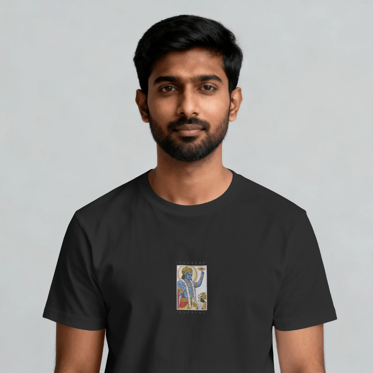 Supreme Lord Krishna Embroidered Graphic T-Shirt | Divine Vishnu Blessing Tee