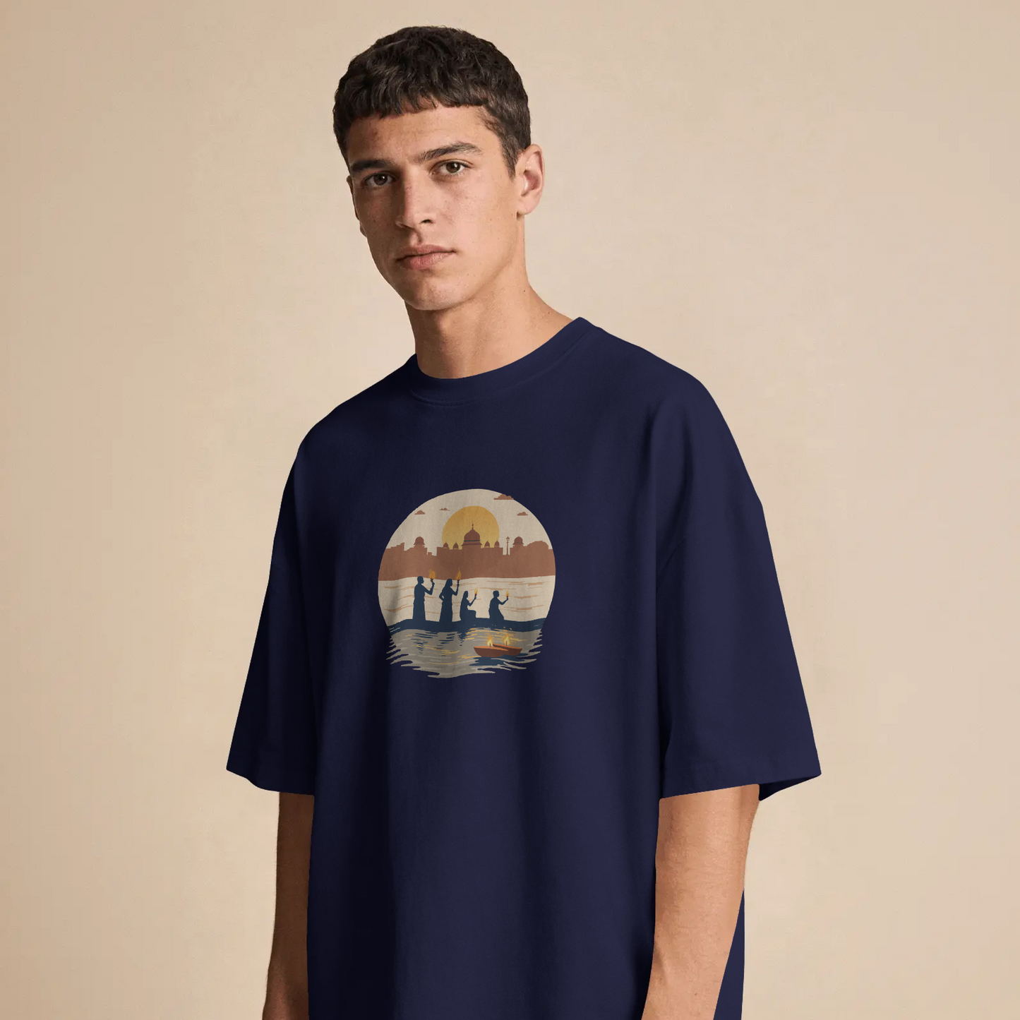 DRIPRA™ |Sacred Ganga Aarti Minimal Art T-Shirt