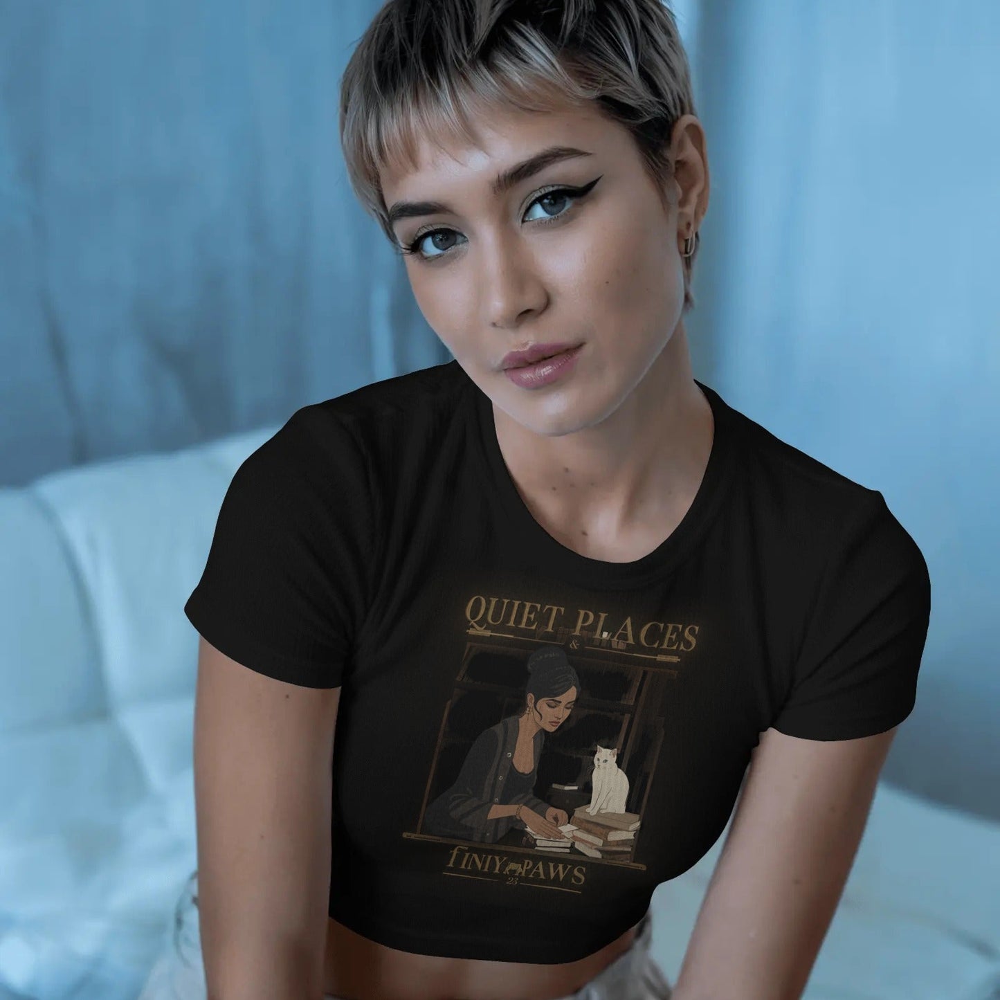 DRIPRA™ |Quiet Places & Tiny Paws Vintage Cat Graphic Crop Tee