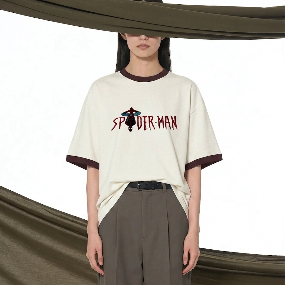 Spider-Man Logo Graphic T-Shirt | Marvel Superhero Oversized Ringer Tee | Unisex Streetwear Graphic Shirt