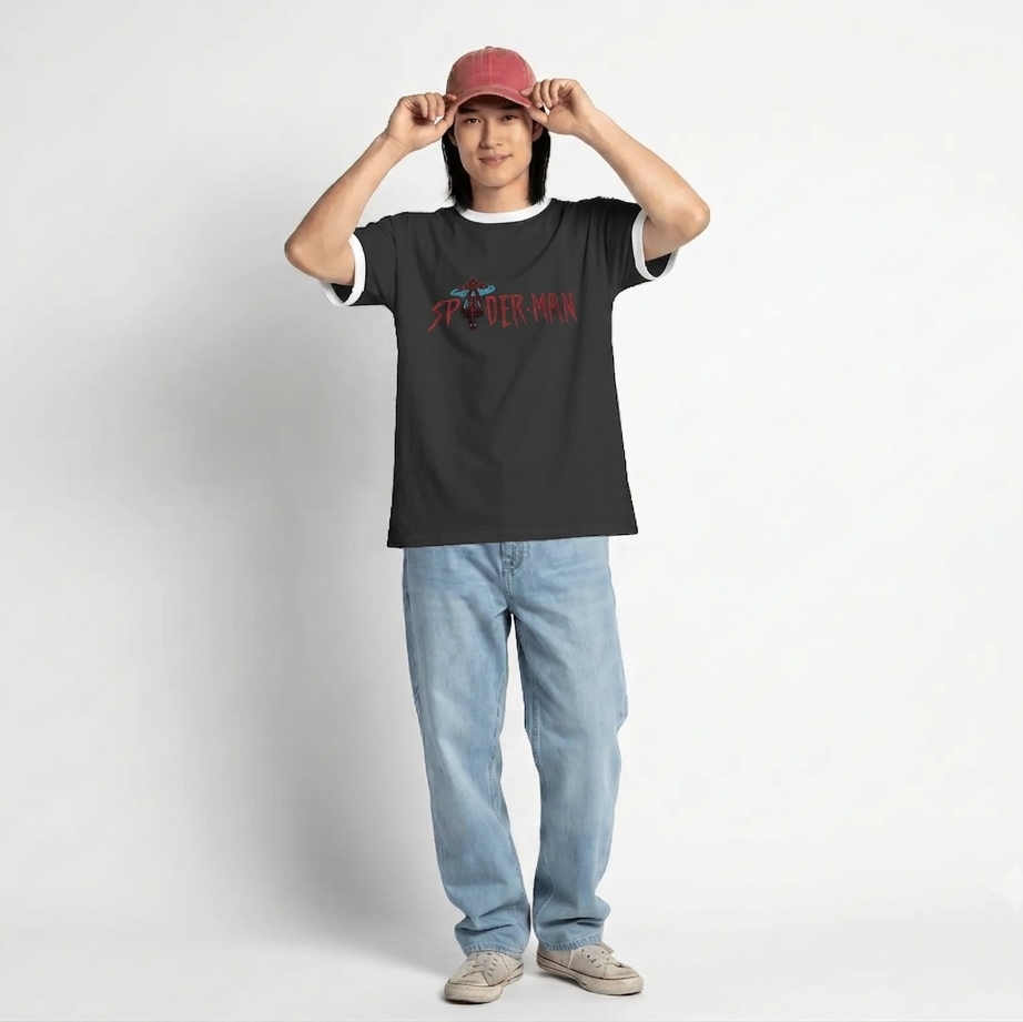 Spider-Man Logo Graphic T-Shirt | Marvel Superhero Oversized Ringer Tee | Unisex Streetwear Graphic Shirt