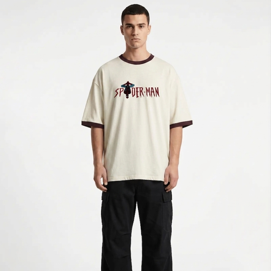 Spider-Man Logo Graphic T-Shirt | Marvel Superhero Oversized Ringer Tee | Unisex Streetwear Graphic Shirt