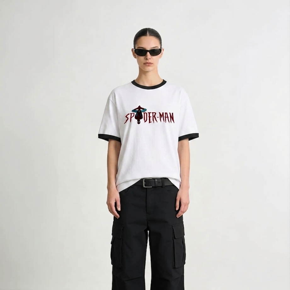 Spider-Man Logo Graphic T-Shirt | Marvel Superhero Oversized Ringer Tee | Unisex Streetwear Graphic Shirt