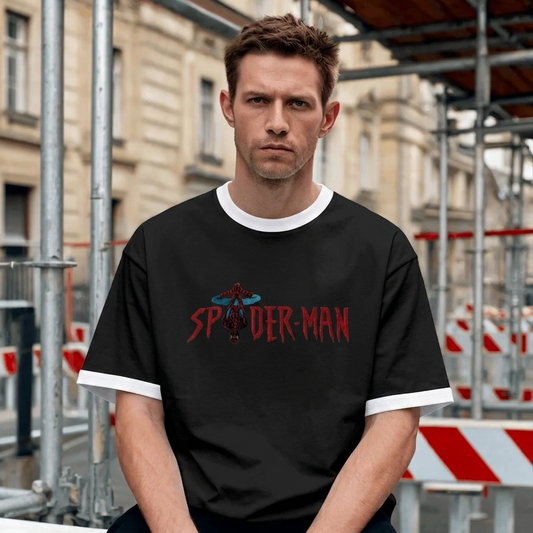 Spider-Man Logo Graphic T-Shirt | Marvel Superhero Oversized Ringer Tee | Unisex Streetwear Graphic Shirt