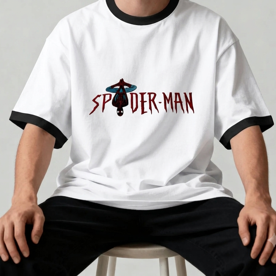 Spider-Man Logo Graphic T-Shirt | Marvel Superhero Oversized Ringer Tee | Unisex Streetwear Graphic Shirt